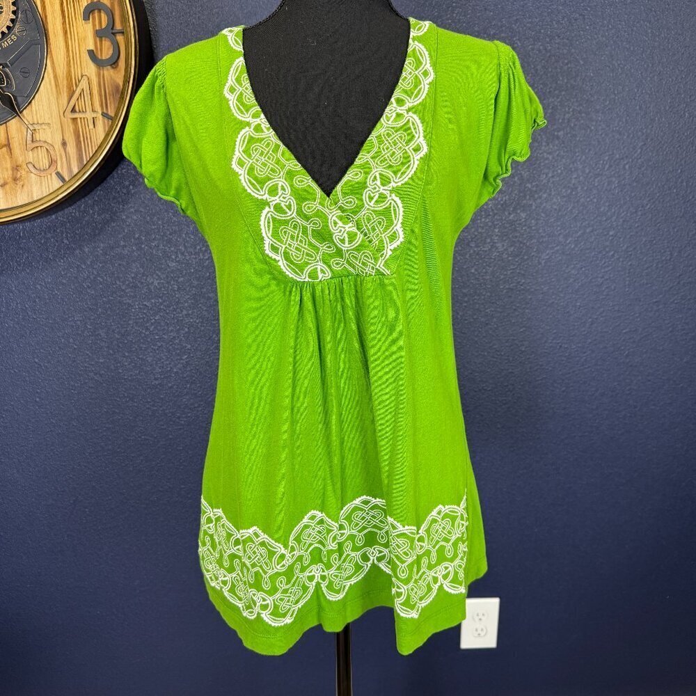 Susan Bristol Bright Green Embroidered Cotton Blouse, Large